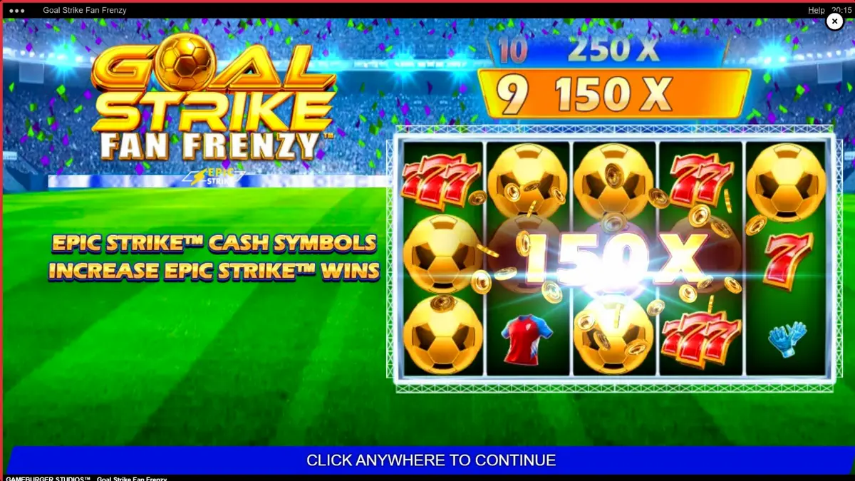 Goal Strike Fan Frenzy slot machine interface showing football theme