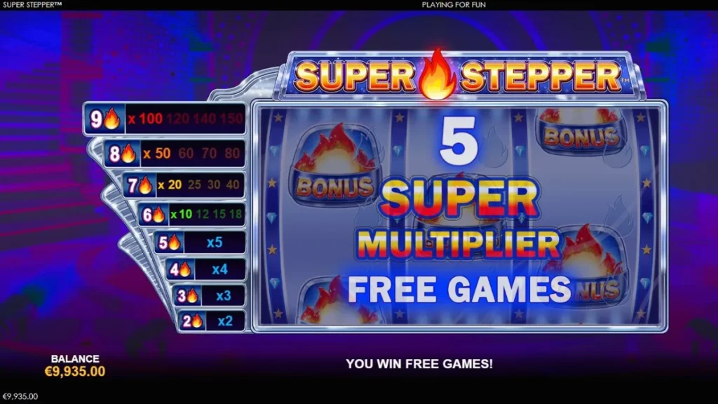 Super Stepper slot machine with neon purple aesthetic and multiplier ladder