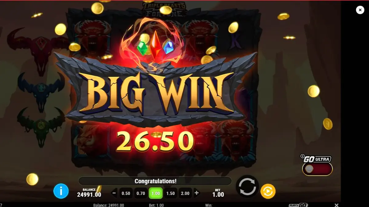 Triple Beasts of Fortune slot machine featuring mystical animal totems and a dark, prehistoric canyon background.