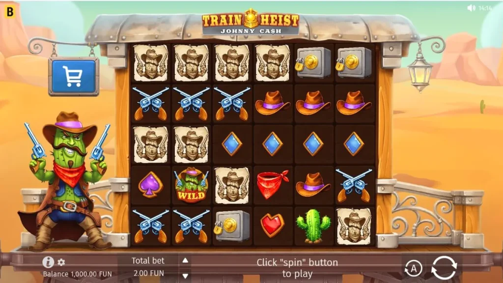 Train Heist Johnny Cash slot game interface featuring a desert outlaw theme.